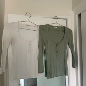 Doen Long Sleeve Ribbed Tops - Cream and Green